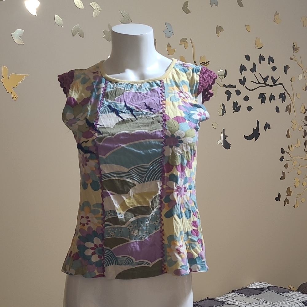 Colorful Inner Child Boho Top Colourful Patchwork with Birds and Clouds stretch